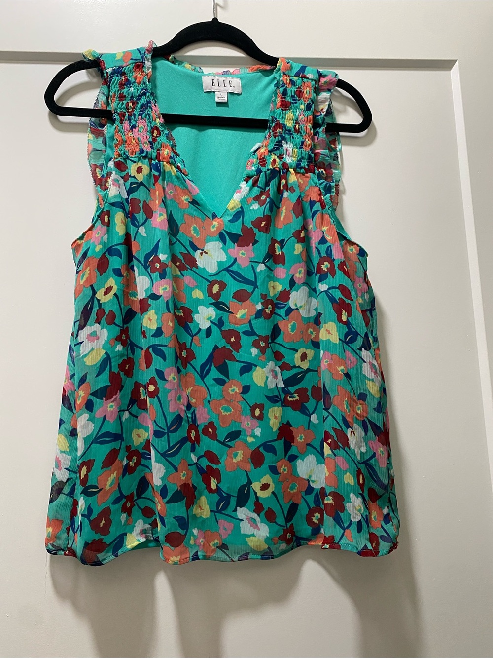 ELLE Teal Floral Smocked Shoulder V-Neck Camisole